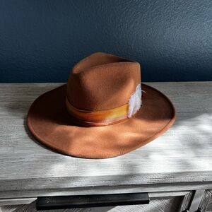 Freya Brown Fedora Hat with Ribbon & Feather Accent 100% Wool